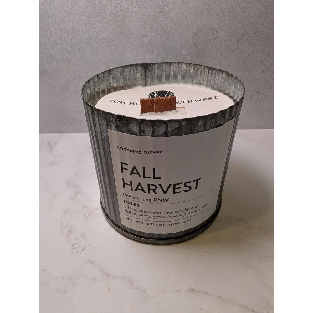 Anchored Northwest Fall Harvest Soy Wax Candle Triple Wood Wick Galvanized Tin